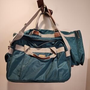 Jaguar Vintage Set Of 2 Travel Bags Teal Duffel Bag with Tan Straps